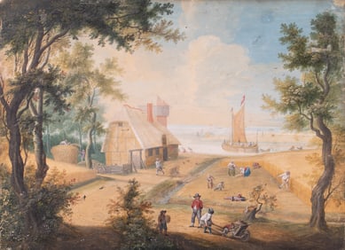 Northern European 17th Century, Populated Coastal Village Scene, oil on paper mounted on panel
