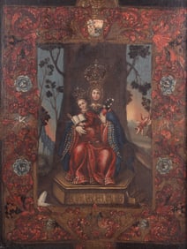 Spanish School 18th Century, Byzantine Madonna and Child, oil on canvas mounted on board