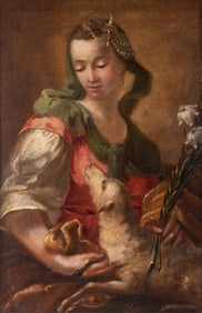 Continental School 18th Century, Portrait of a Woman with a Sheep, oil on canvas