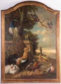 After Jakob Bogdani, Hungarian (1658-1724), Peacock and Various Birds in a Landscape Setting, oil on