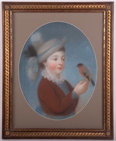 French School 18th Century, Portrait of a Young Girl Holding a Parrot, pastel on paper
