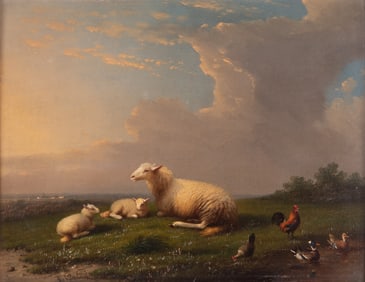 Franz Van Severdonck, Belgium (1809-1889), Sheep Resting in a Field with Ducks and Chickens, Distant