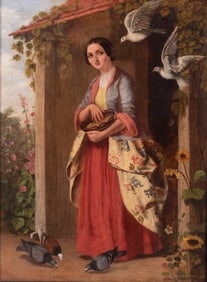 British 19th Century, Woman Feeding Birds from a Garden Shed, oil on canvas