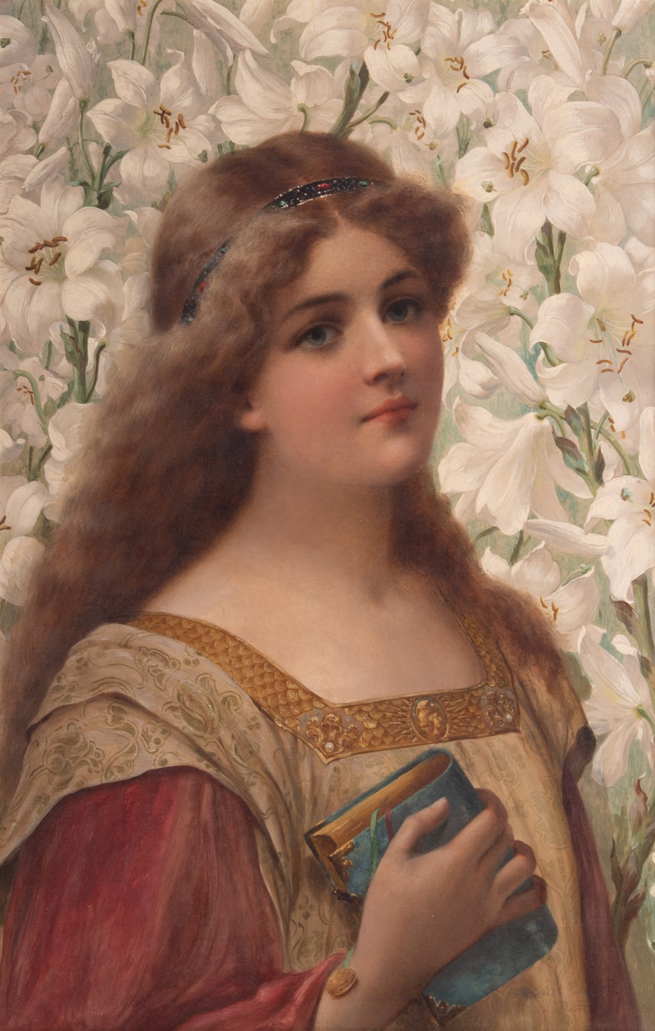 Henry Ryland, United Kingdom (1856-1924), A Young Girl Holding a Book with a Background of Lilies (1 of 7)