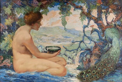 American School 20th Century, Nude with Peacock, oil on canvas