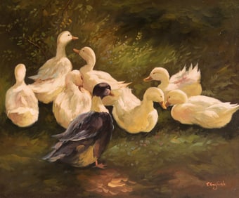 P. English, 20th Century, Ducks in a Pond, oil on canvas