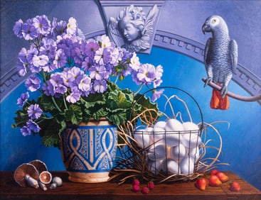 Ian John Hornak, New York (1944-2002), Spring: Still Life with Primroses, Eggs, and Gray Parrot,