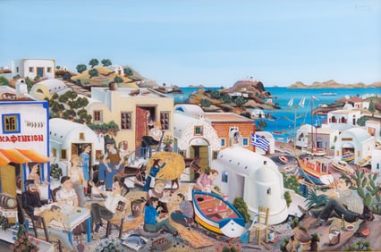Antonios von Santorini, German (b. 1941), Populated Coastal Village Scene, 1988, reverse acrylic