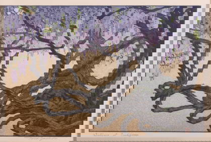 Toshi Yoshida, Japanese (1911-1995), Wisteria at Ushijima, 1953, color woodcut (1 of 5)