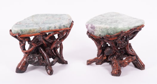 A Pair of Chinese Quartz and Carved Wood Stands
