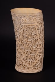 A Chinese Carved Tusk of Lavish Flowers and Fierce Dragons