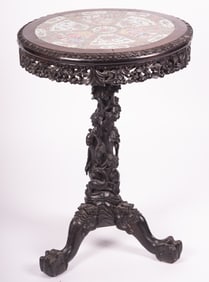 Chinese Carved Center Table With Inset Famile Rose Top
