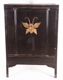 Asian Ebonized Cabinet With Butterfly Fitments