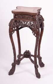 Asian Carved Wood and Marble Top Plant Stand