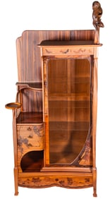 By Louis Majorelle (1859-1926) French Marquetry Inlay Fruitwood Vitrine Cabinet With Carved