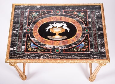 An Italian Pietra Dura and Gilt Wood Center Table, the Birds of Pliny