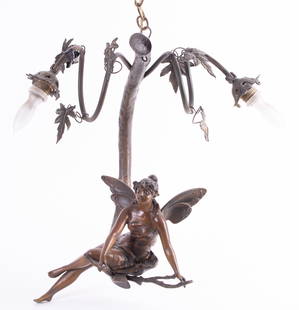 Art Nouveau Two Light Chandelier: Art Nouveau Two Light ChandelierWith bronze winged beauty seated on a branch with vines.21 inches