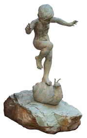 Copper Garden Sculpture of a Young Boy Riding a Snail