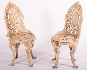 Pair of Antique White Painted Cast Iron Garden Chairs