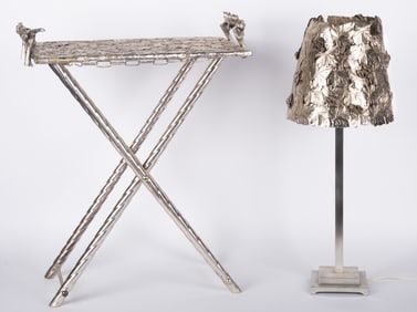 A Silvered Art Nouveau Style Tray Table and Lamp