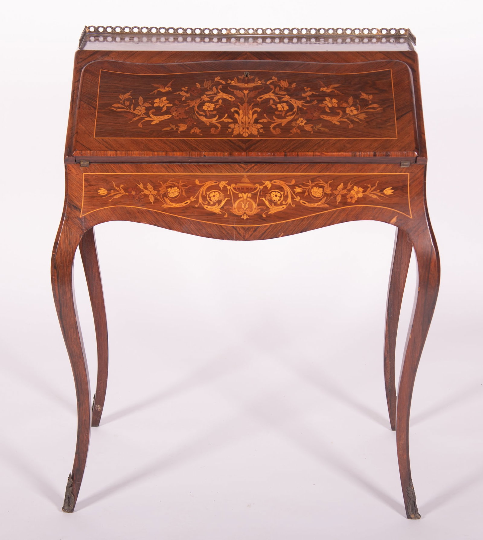 French Louis XV Style Marquetry Ladies Writing Desk: French Louis XV Style Marquetry Ladies Writing Desk Three quarter pierced gallery above a slant front with all over inlaid foliate marquetry opening to an open top shelf, three ribbon inlaid short dra