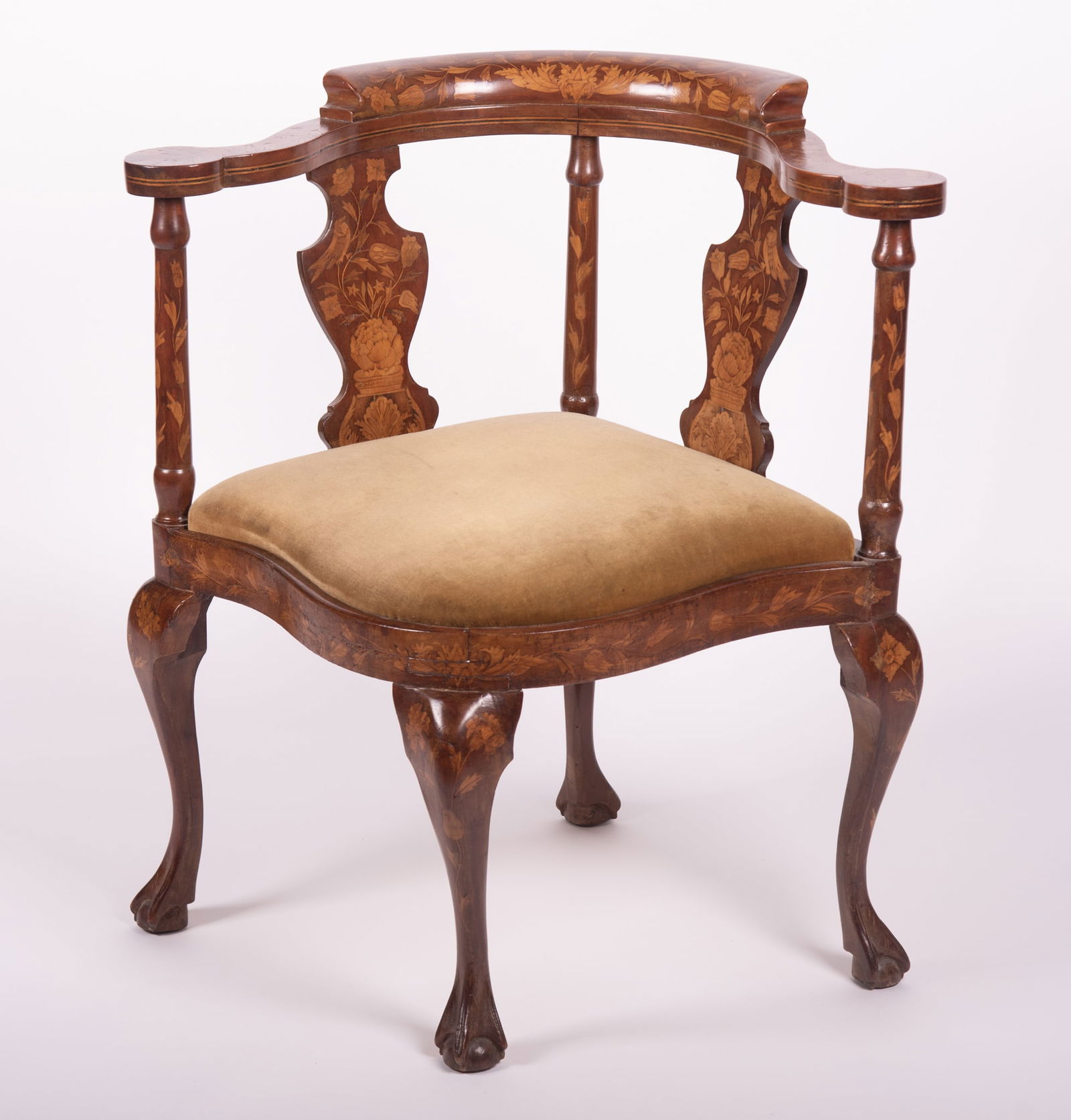 Dutch Marquetry English Inlaid Corner Chair: Dutch Marquetry English Inlaid Corner ChairAll over beautifully inlaid floral and vine decorations with urns, scrolled shaped arms and having a pair of vasiform inlaid splats all above a green upholst