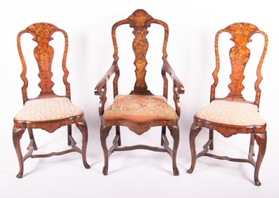 Two Dutch Marquetry Side Chairs and One Armchair