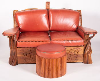 Lester Santos Western Leather Settee and Ottoman