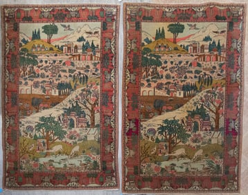 Pair of Kerman Persian Handwoven Pictorial Rugs