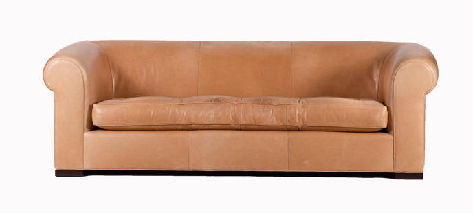 Coach Leather For Baker Furniture Company Sofa: Nicely padded back and arms with button leather upholstery. resting on square legs. Bearing Coach and Baker tags under seat. 28 x 90 x 39 inches