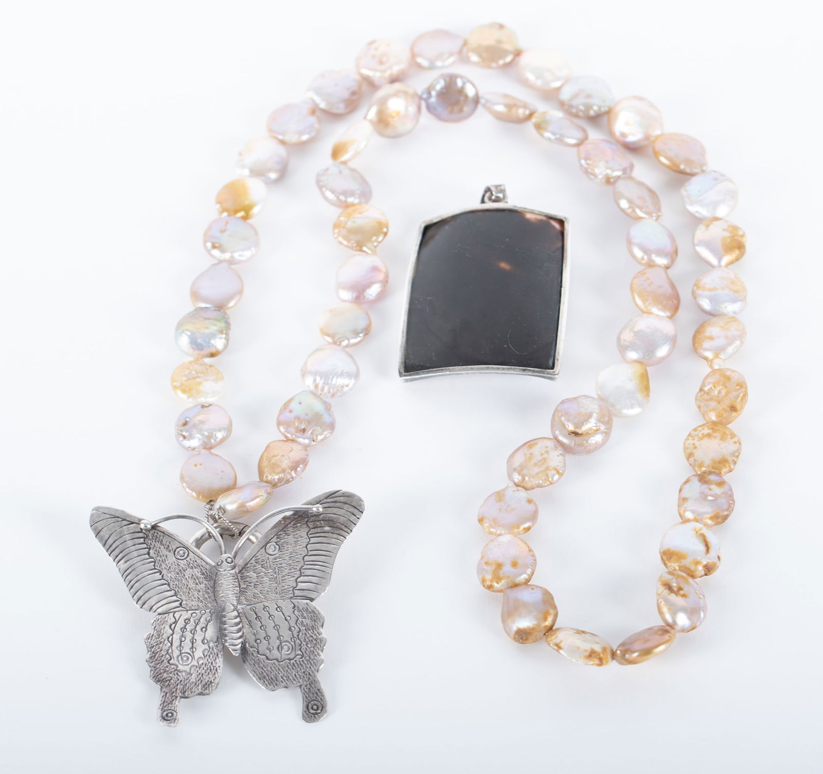 Coin Pearl Necklace with Silver Butterfly Pendant and Vintage Art Deco Blister Pearl Pendant in