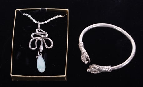 Sterling Snake Pendant with Jade Drop paired with a Snake Bracelet