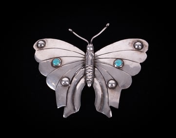 Vintage Silver Made In Mexico and Turquoise Butterfly Brooch