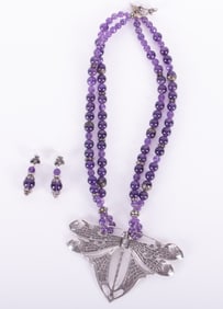 Amethyst Bead Necklace/Choker with Large Silver Butterfly Pendant with Pair of Amethyst and Sterling