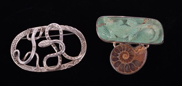 Sterling Pendant with Ammonite and Turquoise plus a Sterling Snake Brooch