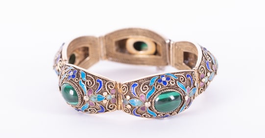 Chinese Filigree Bracelet with Malachite and Enamel