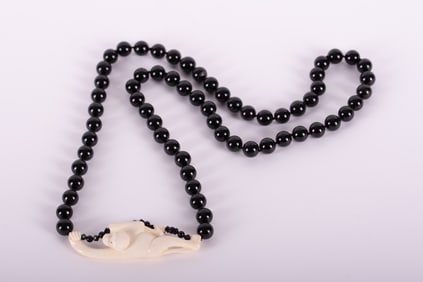 Black Onyx Bead Necklace with Asian Carved Monkey