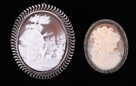 A Pair of Antique Shell Cameos set in 800 Silver