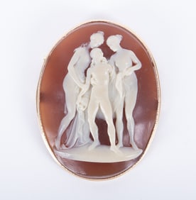 Antique Shell Cameo Three Mythological Figures set in 14K Yellow Gold