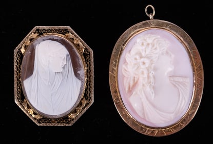Two Antique Cameo Pin/Pendants set in 10k Yellow Gold