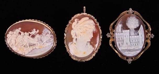 Three Excellent Antique Shell Cameos set in 14K Gold