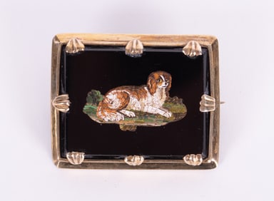 Micro Mosaic Brooch Featuring a Spaniel on Onyx Background