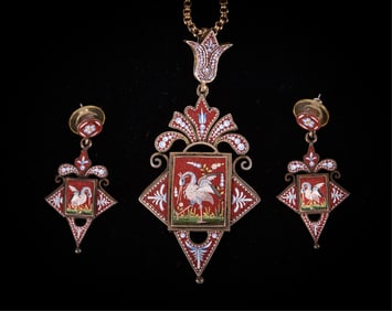 Antique Micro Mosaic Pendant with Matching Earrings