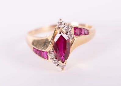 14K Yellow Gold Marquise Ruby and Diamond Ring