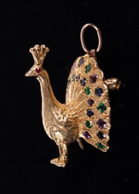14K Yellow Gold Peacock Pin/Pendant with Stones