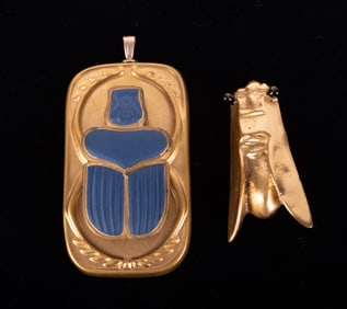 Boehm Porcelain Scarab Pendant and Cicada Brooch