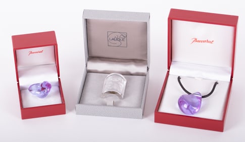 Lavender Baccarat Pendant on Black Cord Necklace/Choker with matching Cabochon Ring; together with
