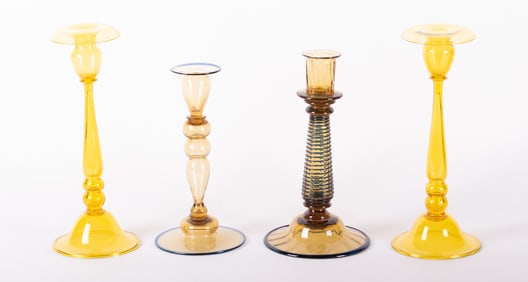 Four Blown Amber Art Glass Candlesticks