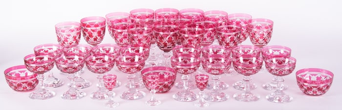 Val Saint Lambert Cranberry Cut to Clear Cathedral Pattern Stemware