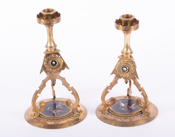 A Pair of English Aesthetic Movement Brass Candlesticks with Pietra Dura Mounts